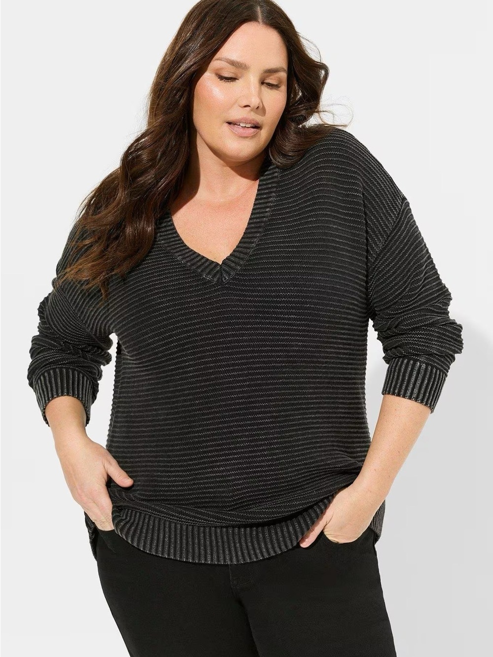 Torrid Charcoal Grey Drop Shoulder Ribbed V-Neck Sweater 100% Cotton Size 2X